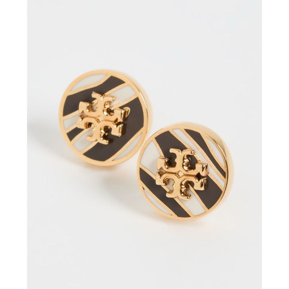 Tory Burch NEW earrings - Kira Enamel Circle-Stud Earrings - Gold Zebra - Picture 3 of 12